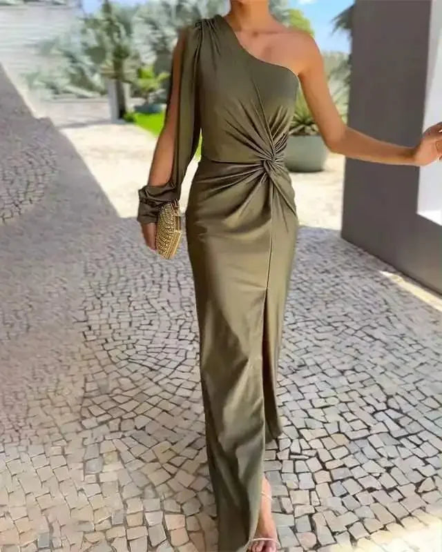 Slim Fit Pure Color Summer New Style Knot Slit Shoulder Women's Dress Fashionable Elegant Ankle Length One Shoulder Dress