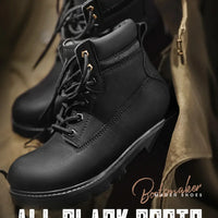 Maden Men's Versatile Black Boots Plush Lining Warmth Shoes Retro Non-Slip Thick Sole Work Boots Outdoor Casual Mid-Calf Boots