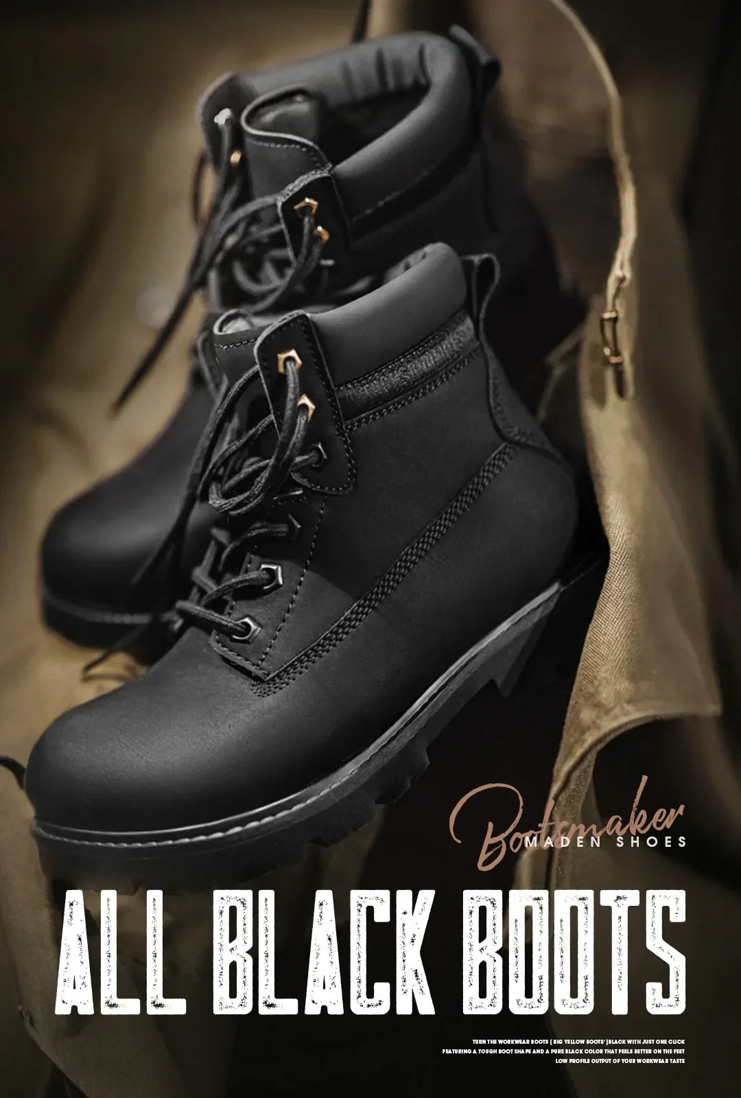 Maden Men's Versatile Black Boots Plush Lining Warmth Shoes Retro Non-Slip Thick Sole Work Boots Outdoor Casual Mid-Calf Boots