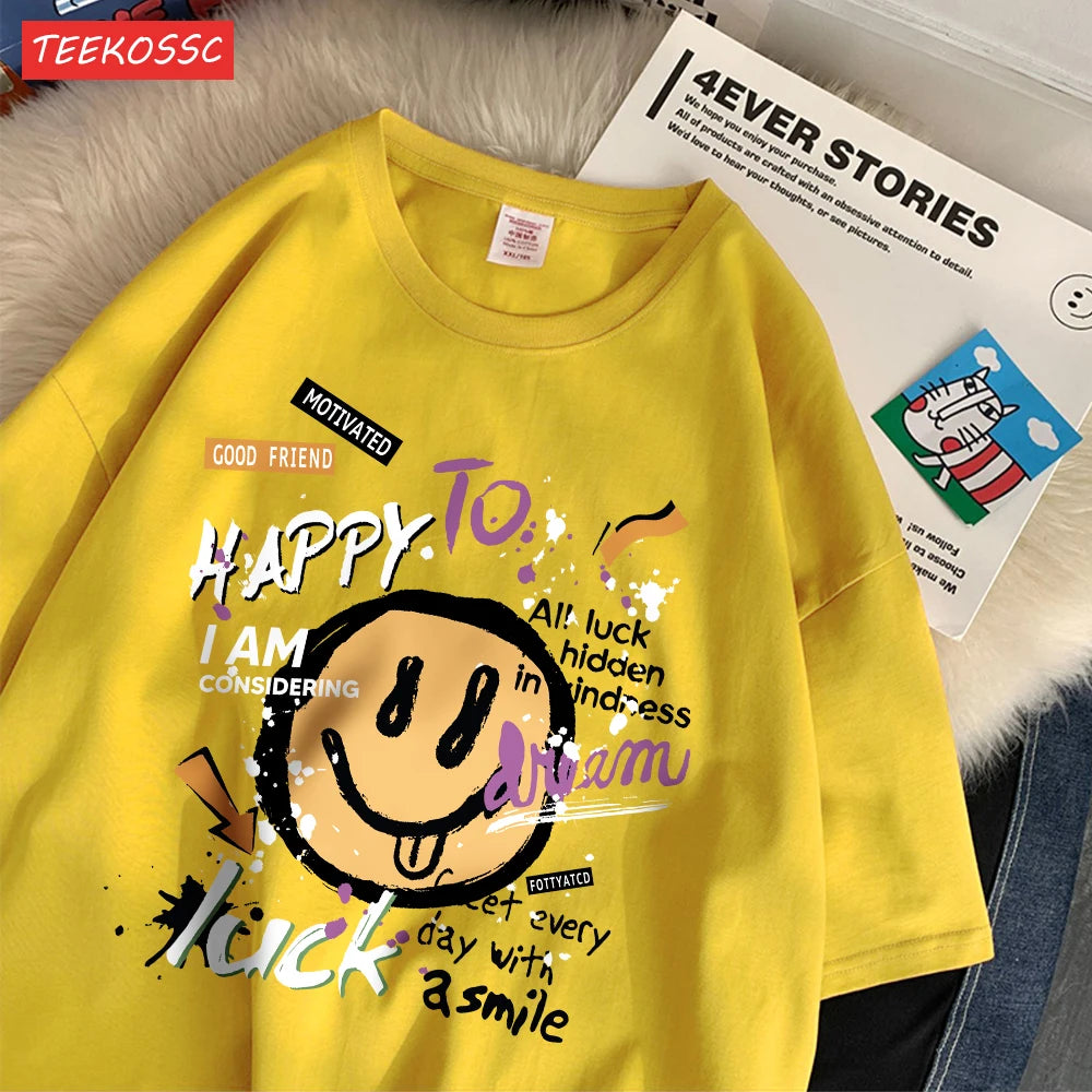 Summer Cotton Women T-Shirts Fun Graffiti Cute Smiling Face Prints Tees Breathable Loose O-Neck Casual Street Female Clothes