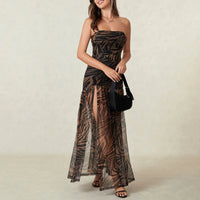 Women Fashion Summer Bohemian Sleeveless Maxi Dress Floral Print Mesh Bodycon Split Dresses Causal Beach Holiday Sundress