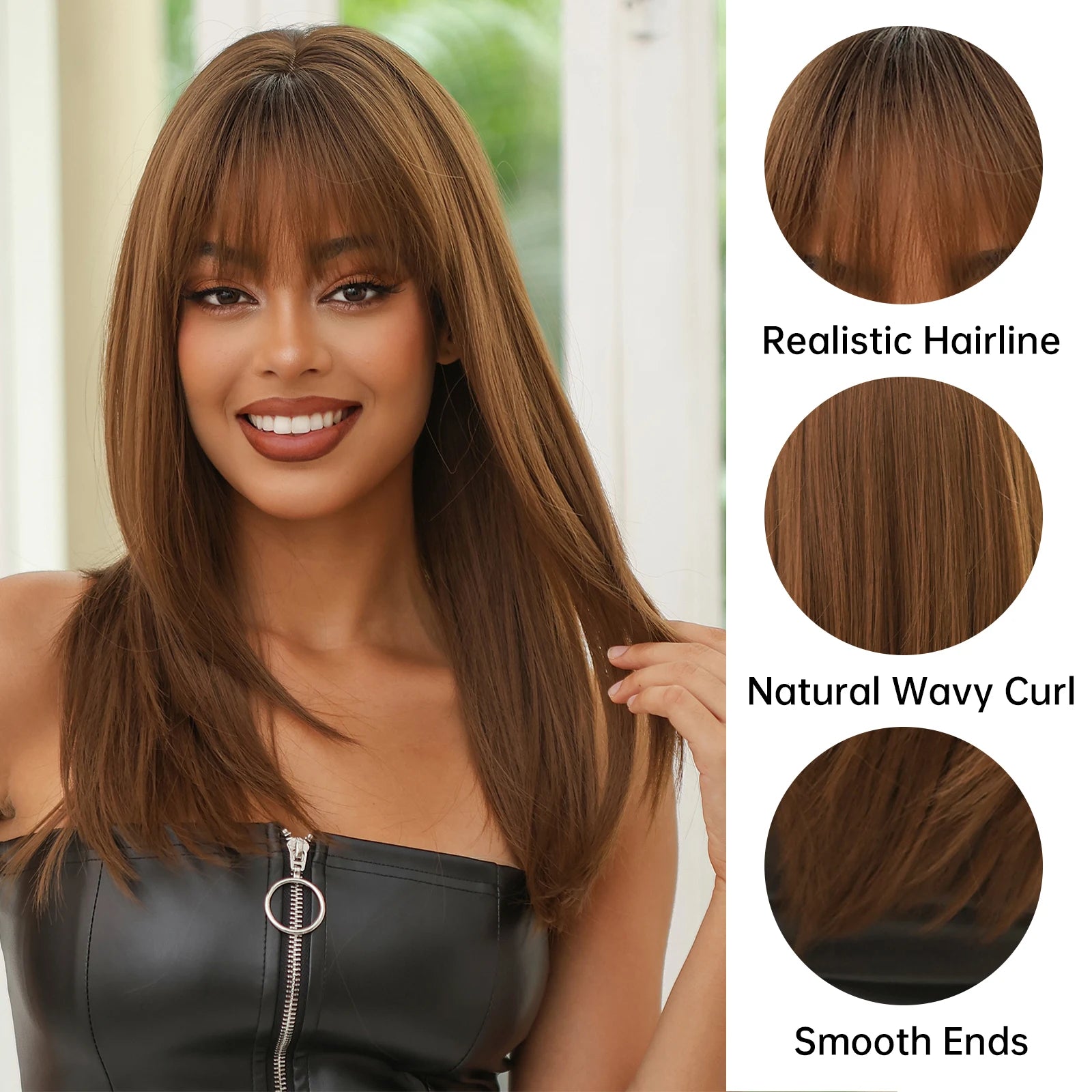 Light Brown Synthetic Wigs with Bangs Straight Shoulder Length Chocolate Brown Wig for Black White Women Heat Resistant Daily