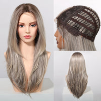 Gray Blonde Synthetic Wigs Dark Root Hairline Lace Frontal Straight Layered Wigs for Women Ladies Daily Use Wigs Heat Resistant