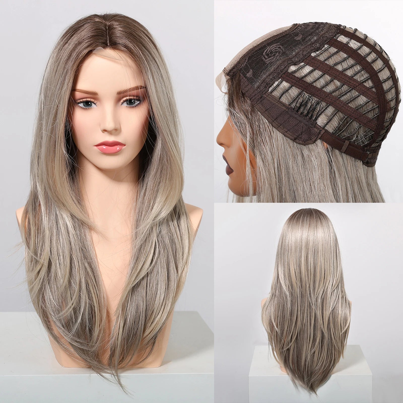 Gray Blonde Synthetic Wigs Dark Root Hairline Lace Frontal Straight Layered Wigs for Women Ladies Daily Use Wigs Heat Resistant