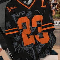 Summer Fashion Butterfly 23 Print TShirt For Women V-Neck Mesh Hole Short Sleeve Sports Football Jersey Y2K Loose Women Clothing