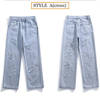 Cross Embroidery Y2k Jeans Mens Straight Denim Pants Casual Vintage Jeans Versatile Fashion Streetwear Spring High Street Pants