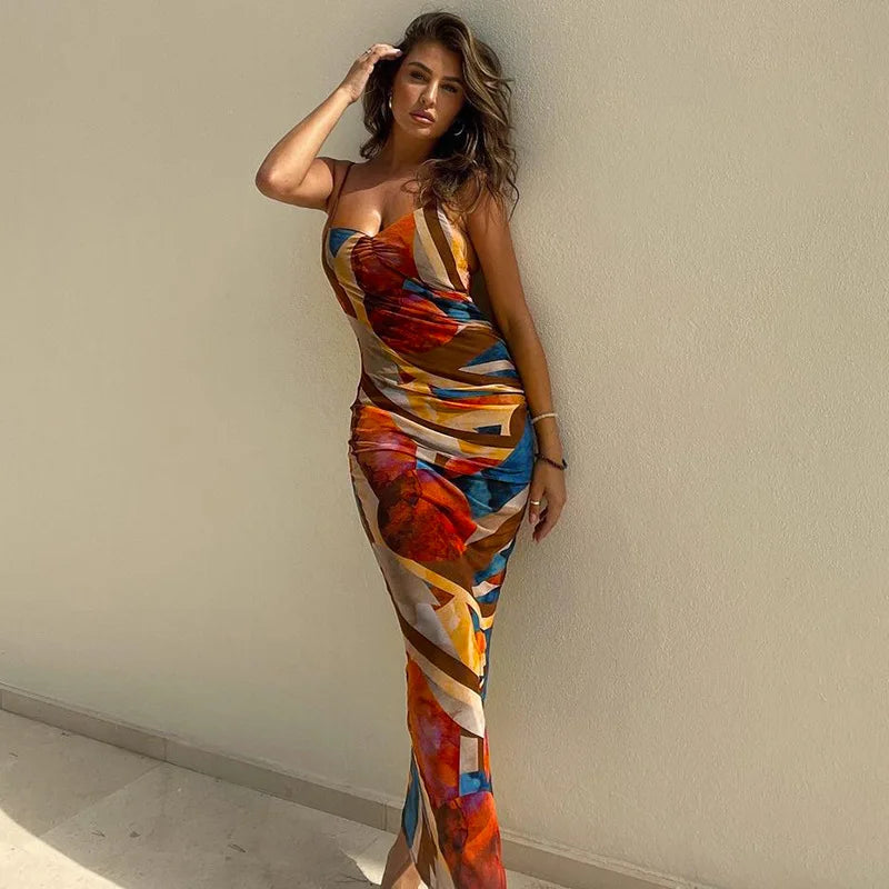 Tie Dye Print Ribbed Midi Dress For Women 2024 Summer Outfits Bodycon Side Slit Y2K Outfits Sexy Streetwear Long Dress