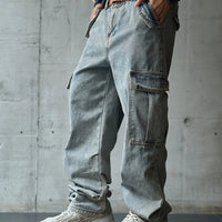 Men's multi pocket denim work pants straight leg denim pants