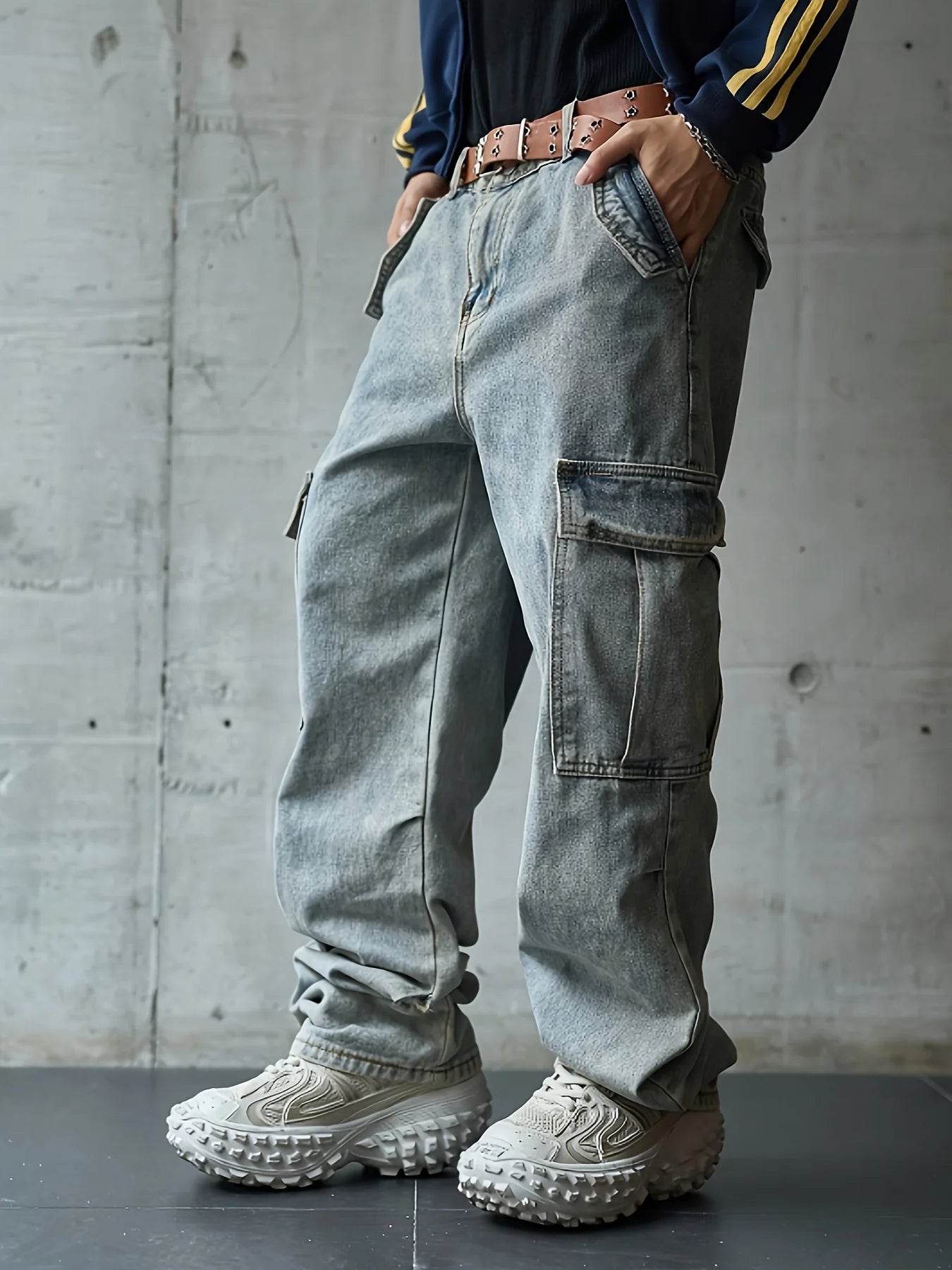 Men's multi pocket denim work pants straight leg denim pants