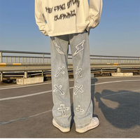 Cross Embroidery Y2k Jeans Mens Straight Denim Pants Casual Vintage Jeans Versatile Fashion Streetwear Spring High Street Pants