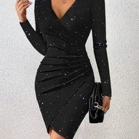 Elegant Black V-Neck Long Sleeve Mini Dress with Glitter Detail - Stretchy Polyester  Ruched Cocktail Party Gown for Women, Cock