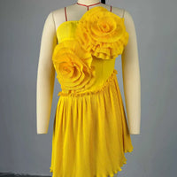 Joskaa 2025 Summer Women 3D Flower Decorate Strapless Pleated Irregular Hem Mini Dress Holiday Beachwear Party Clubwear S-XXL