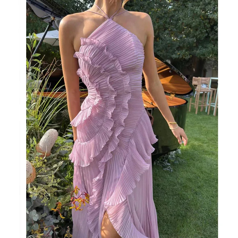 Chic Elegant Lotus Edge Maxi Dress Slim Fit Backless Lace Up Halter Robes Sleeveless Party Vestidos 2025 Nw Lady Vacation Gowns