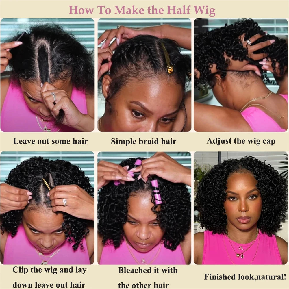 Beginner Friendly 3 In 1 Half Wig Human Hair Kinky Curly Coily Half Wig Invisible Drawstring Glueless Curly Flip Over Wig 180%