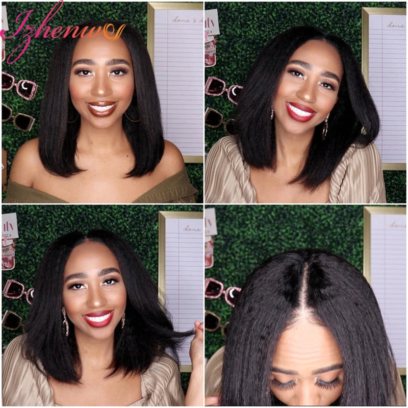 Kinky Straight Short Bob Human Hair Wigs for Women 13x4 Transparent Lace Frontal Peruvain Remy Hair Soft Yaki Straight Bob Wig