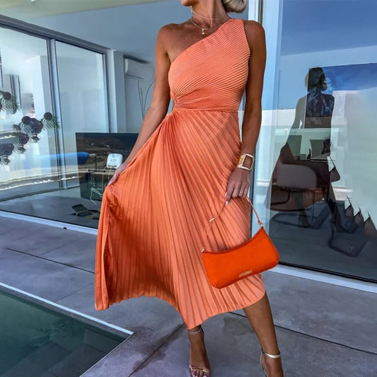 Ardm Elegant Oblique Shoulder Pleated Asymmetric Summer Dresses For Women 2023 Sexy Backelss Hollow Out Party Maxi Dress Vestido