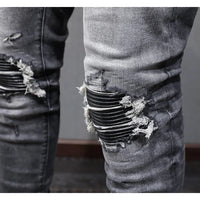 Designer Fashion New High Quality Black Grey Jeans Elastic Slimming Perforated Patch Washed Jeans High Street Hip Hop Brand Pant