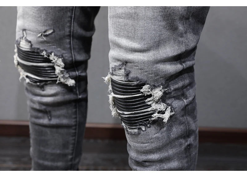 Designer Fashion New High Quality Black Grey Jeans Elastic Slimming Perforated Patch Washed Jeans High Street Hip Hop Brand Pant