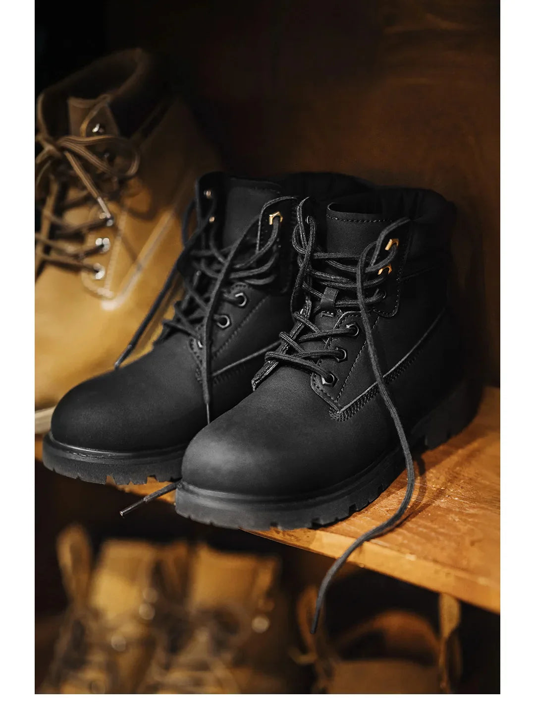 Maden Men's Versatile Black Boots Plush Lining Warmth Shoes Retro Non-Slip Thick Sole Work Boots Outdoor Casual Mid-Calf Boots