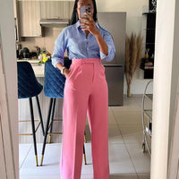 Autumn Casual High Waisted Pants Women Chic Fashion Solid Button Pocket Straight Leg Wide Leg Casual Pants Women