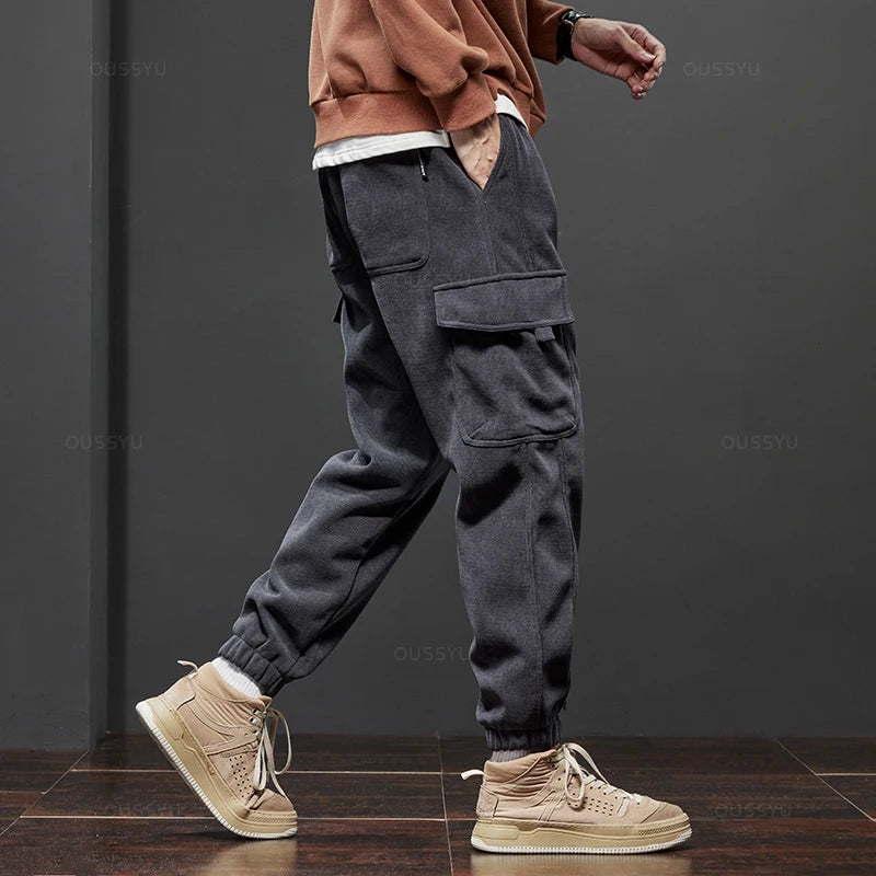 Winter Men's Fleece Warm Cargo Corduroy Pants Jogging Sweatpants Work Y2k Korean Pants Loose Harem Casual Trousers for Men