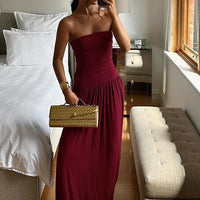 Mozision Off-shoulder Strapless Pleated Sexy Maxi Dress Women Fashion Backless Sleeveless High Waist Ruched Long Dress Elegant