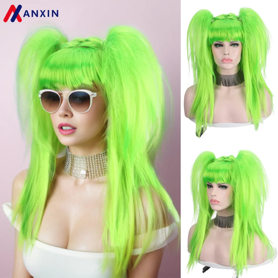 Anxin Long  Green Straight  Party Double Ponytail Wig
