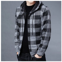 Men Sweater Jacket Fashion Winter Coat Fleece Hoodies High Quality Luxury Checkered Hooded Knit Cardigan Male Outer Wear