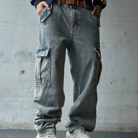 Men's multi pocket denim work pants straight leg denim pants
