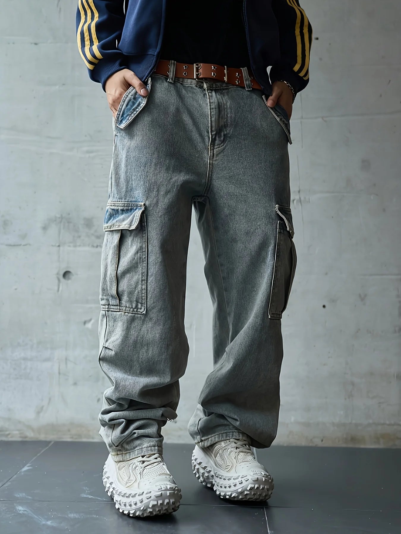 Men's multi pocket denim work pants straight leg denim pants