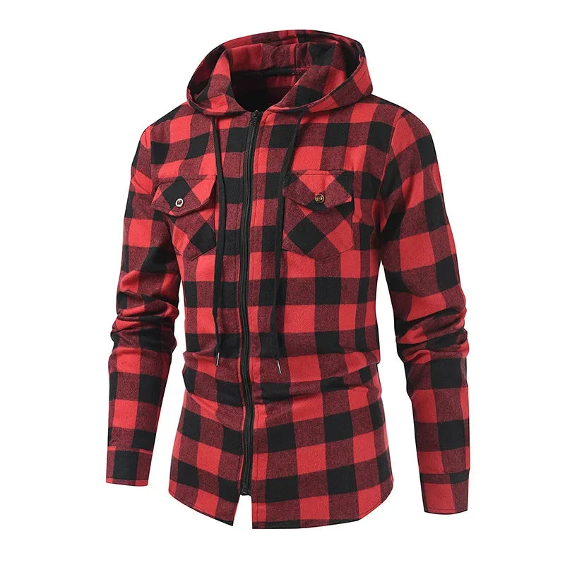 Men's New Plaid Hooded Sweater Long Sleeve Casual Thin Jacket Stand Hooded Shirt European Style Fashionable Outwear