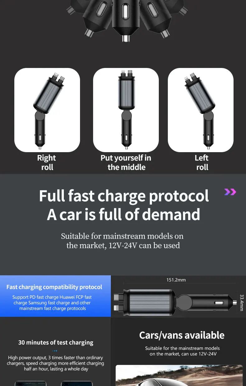 5-in-1 180W Car Fast Charger USB Type-C Power Adapter Retractable Phone Charger With Roof Starlight For IOS Android Phones