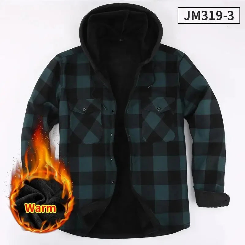 Plus Size Men's Hooded Plaid Shirt Warm Fleece Lined And Thickened Top Long Sleeve Outerwear For Autumn/Winter
