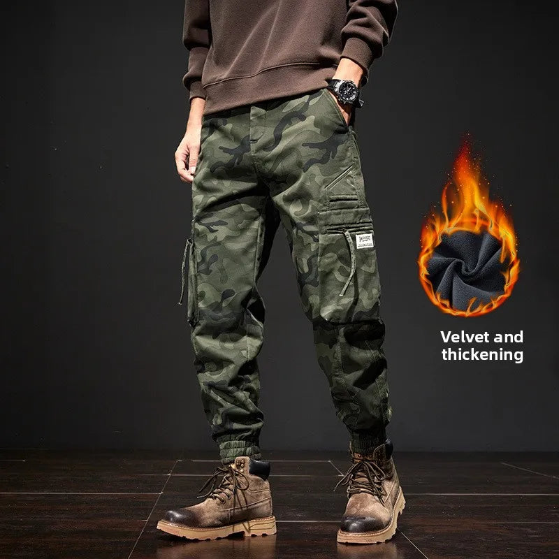 2025 NewMen's Fleece-Lined American Camouflage Casual Multi-Pocket Loose Zipper Jogger Pants Autumn Youth Trendy Workwear