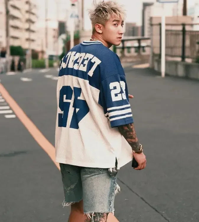 European and American Men's and Women's Football Enthusiasts Fashionable V-neck Short Sleeved T-shirt Retro Rugby Football Tops