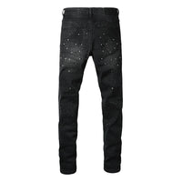 Black Men's American High Street Distressed Rhinestones Patterns Skinny Ripped Button Fly Jeans Pants