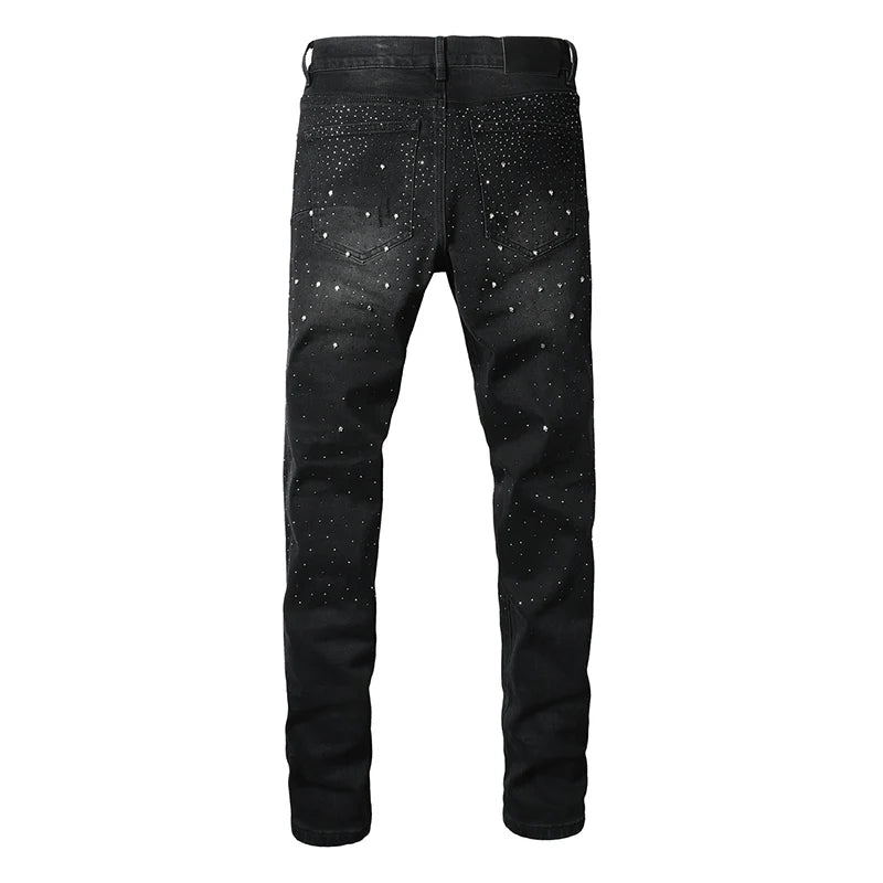 Black Men's American High Street Distressed Rhinestones Patterns Skinny Ripped Button Fly Jeans Pants