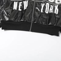 Weird Puss PU Patchwork Women Jacket Letter Print Hipster Button Zip Full Sleeve Trend Cool Street  Spring Outwear Crop Coat