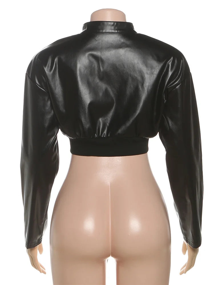 Weird Puss PU Patchwork Women Jacket Letter Print Hipster Button Zip Full Sleeve Trend Cool Street  Spring Outwear Crop Coat