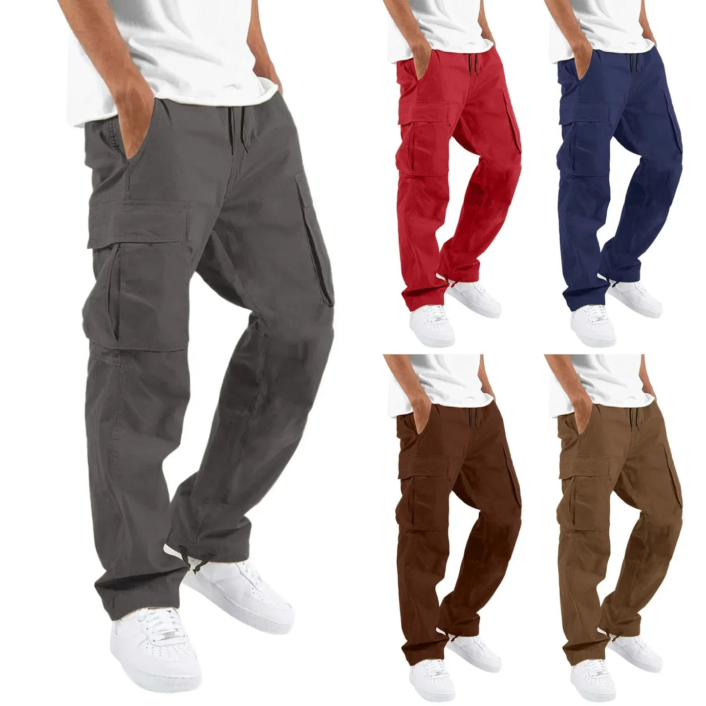 New 2025 Pocket Design Solid Cargo Pants Trousers for Men Full Length Casual Loose Drawstring Pockets Pants Male Cargo Pants 5XL