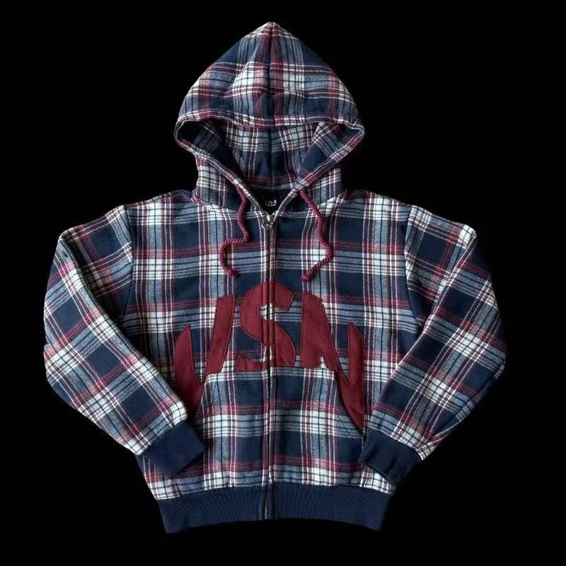 Hip-hop letter embroidery plaid splicing design oversized long-sleeved hoodie for men skateboard Y2K casual versatile sweatshirt