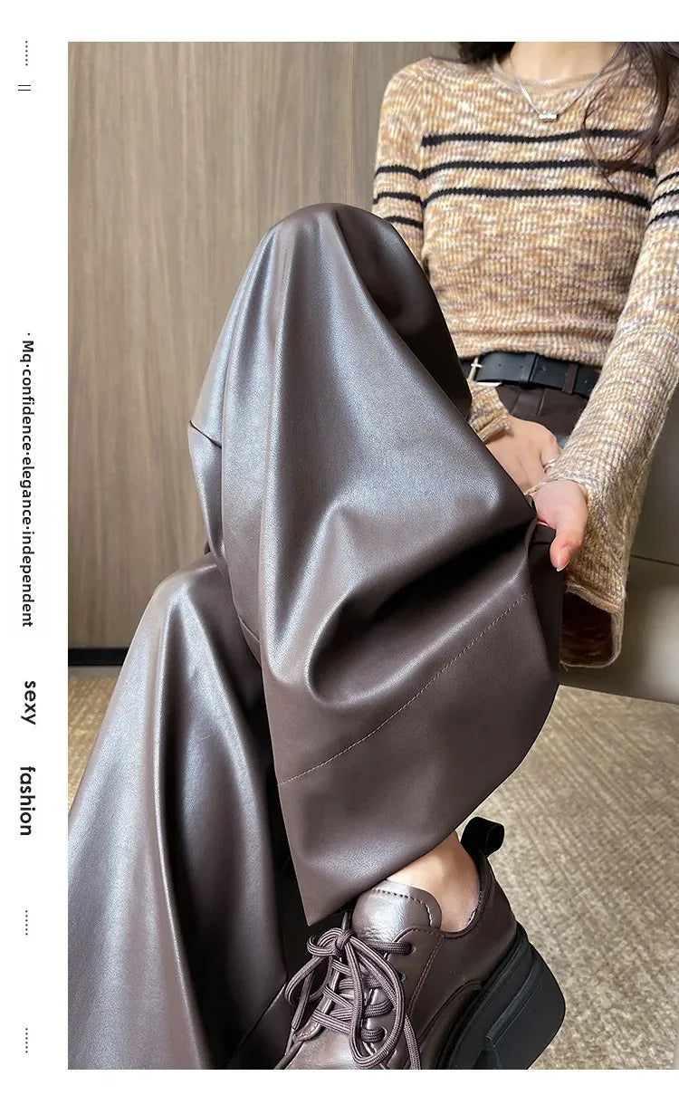 High Waist Wide Leg PU Leather Pants Women's Suit Casual Floor Length Trousers Autumn Winter New Style Loose Fit Long Pants