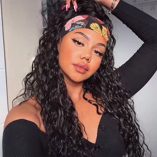 Headband Wig Human Hair Wigs Wear and Go Glueless Wig Curly Deep Wave Headband Wig Machine Made Wig Natural Color 250%