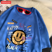 Summer Cotton Women T-Shirts Fun Graffiti Cute Smiling Face Prints Tees Breathable Loose O-Neck Casual Street Female Clothes