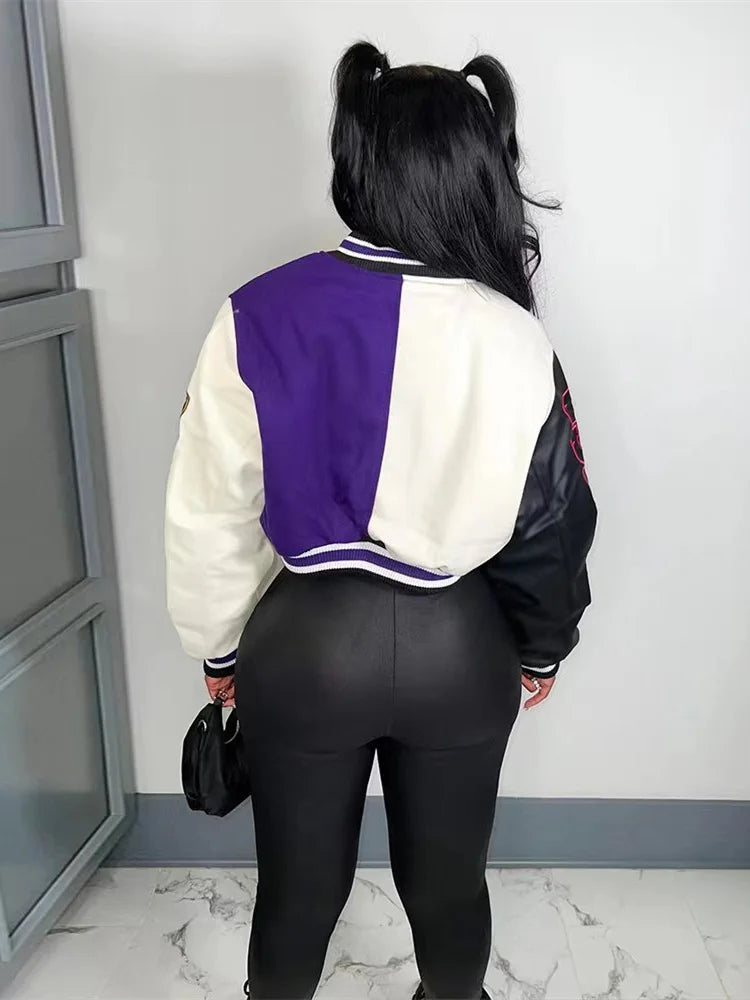 Winter Fall Jacket For Women Coat Trend O Neck Buttons Cropped Top Jacket Patchwork Baggy Blue Female Outerwear varsity jacket