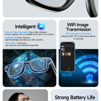 Smart Glasses HD Recording Videos AI Photo Recognition Answer Translation 290mAh Large Battery IP67 Waterproof Bluetooth Glasses