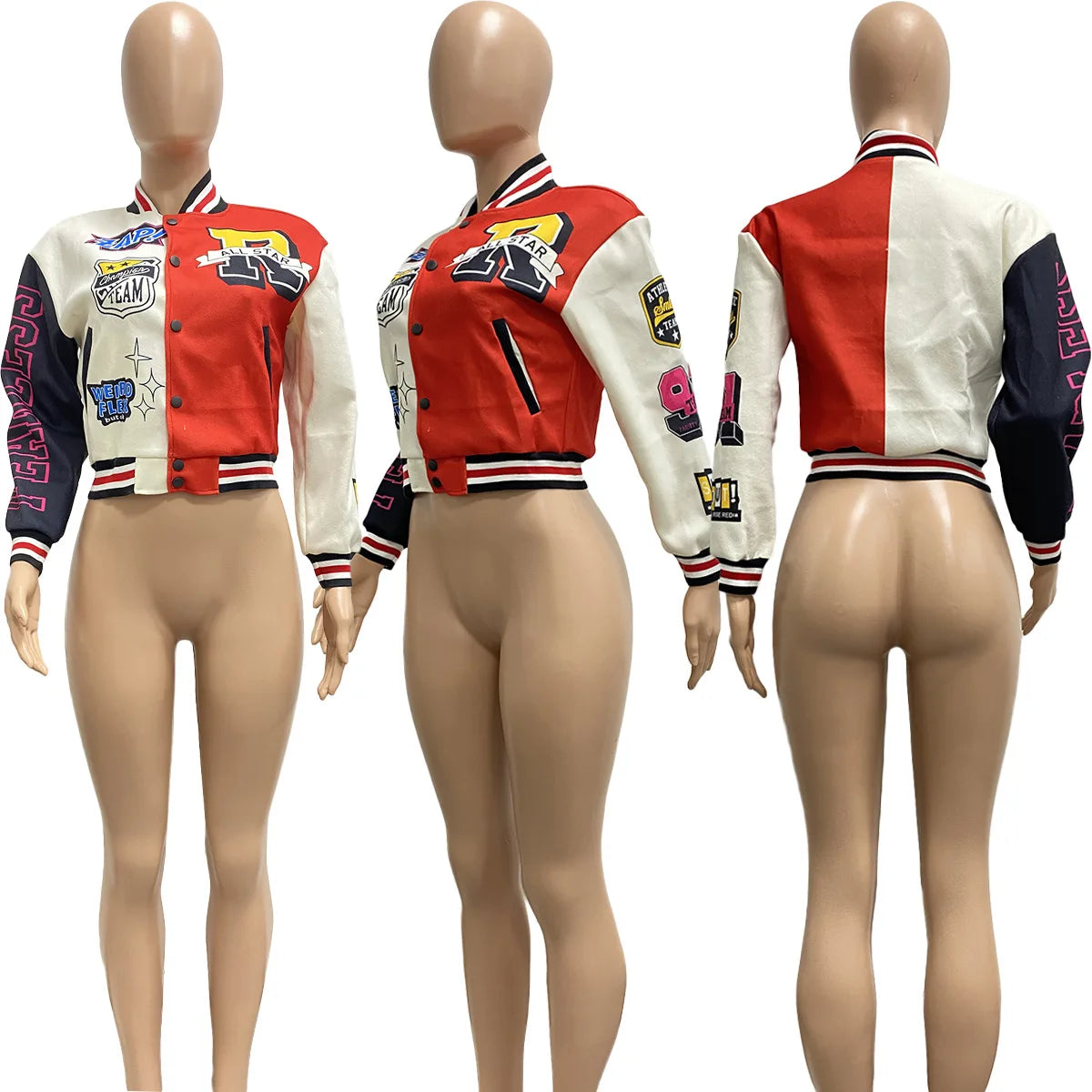 Winter Fall Jacket For Women Coat Trend O Neck Buttons Cropped Top Jacket Patchwork Baggy Blue Female Outerwear varsity jacket