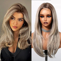 Gray Blonde Synthetic Wigs Dark Root Hairline Lace Frontal Straight Layered Wigs for Women Ladies Daily Use Wigs Heat Resistant