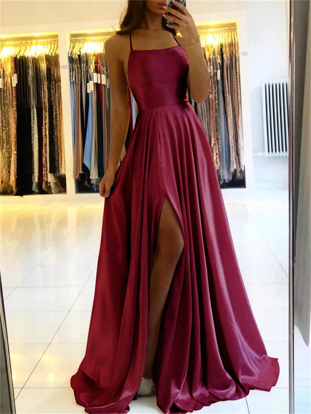 Elegant Women Maxi Beach Satin Dress Sexy Leg Slit Lace up Evening Prom Gown Adjustable Straps Bridesmaid Dresses
