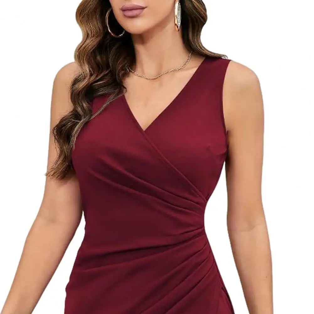 Women Commute Dress Elegant V Neck Pleated Midi Dress for Women Slim Fit Office Business Style Knee Length Dress with Irregular